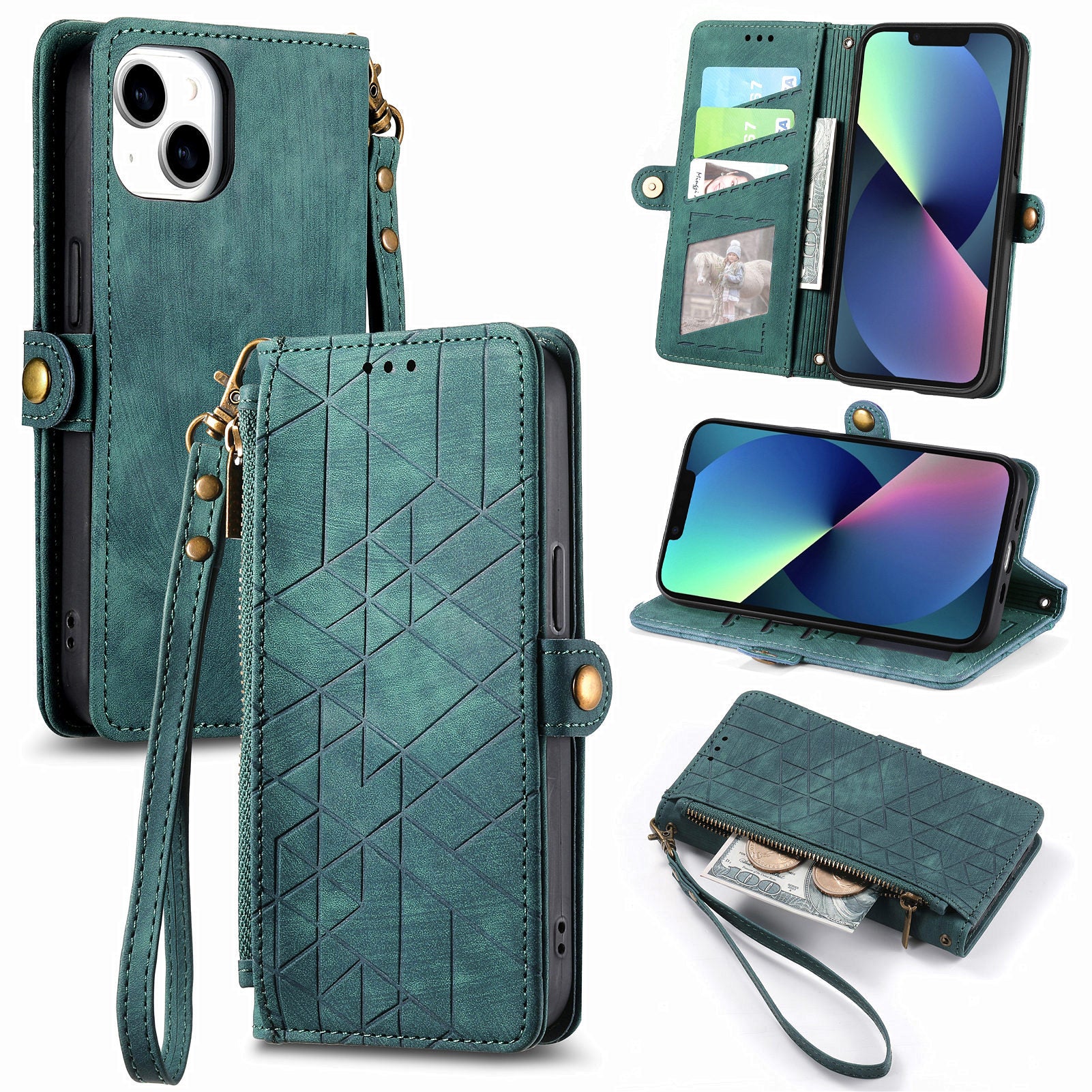 Zipper Pocket Leather Phone Case for iPhone 13 Stand Geometry Imprinted Phone Wallet Cover Zipper Pocket Leather Phone Case for iPhone 13 Stand Geometry Imprinted Phone Wallet Cover